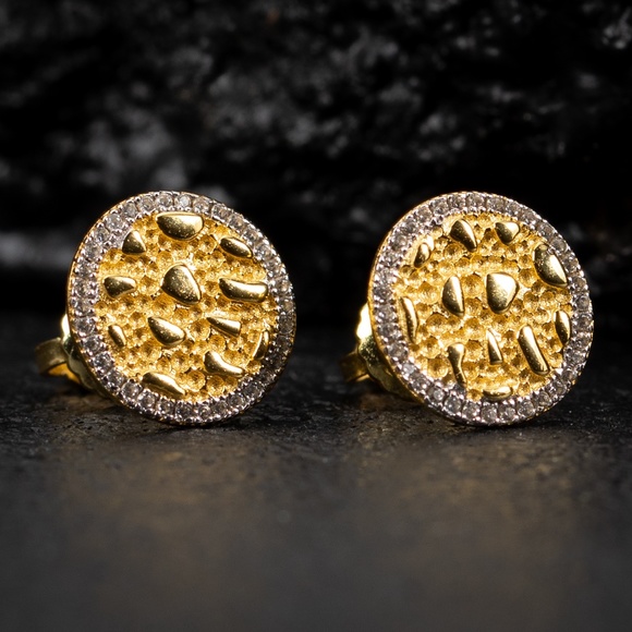 Iced Round Mens Cz Gold 925 Sterling Silver Circle Hip Hop Nugget Stud Earrings - Picture 3 of 5